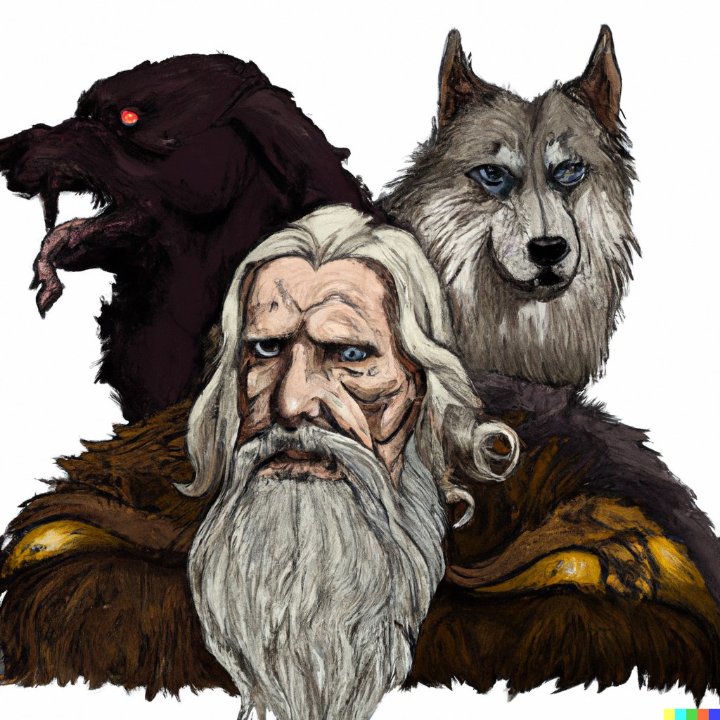 Odin mit seinen Wölfen Geri und Freki