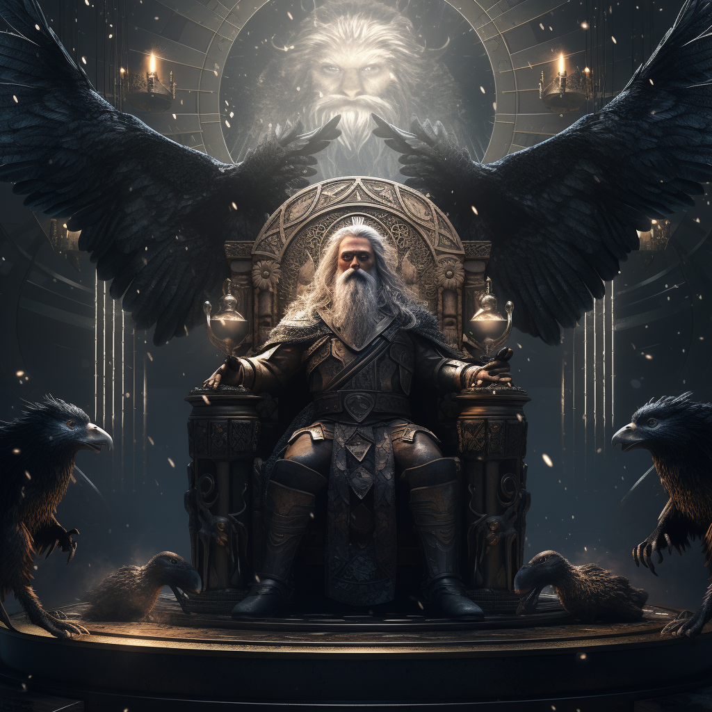 Odin auf seinem Thron mit seinen Raben Hugin und Munin